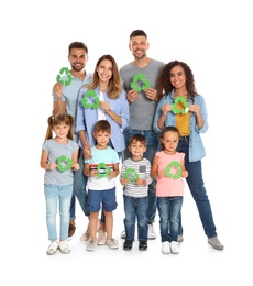 Photo of Group of people with recycling symbols on white background