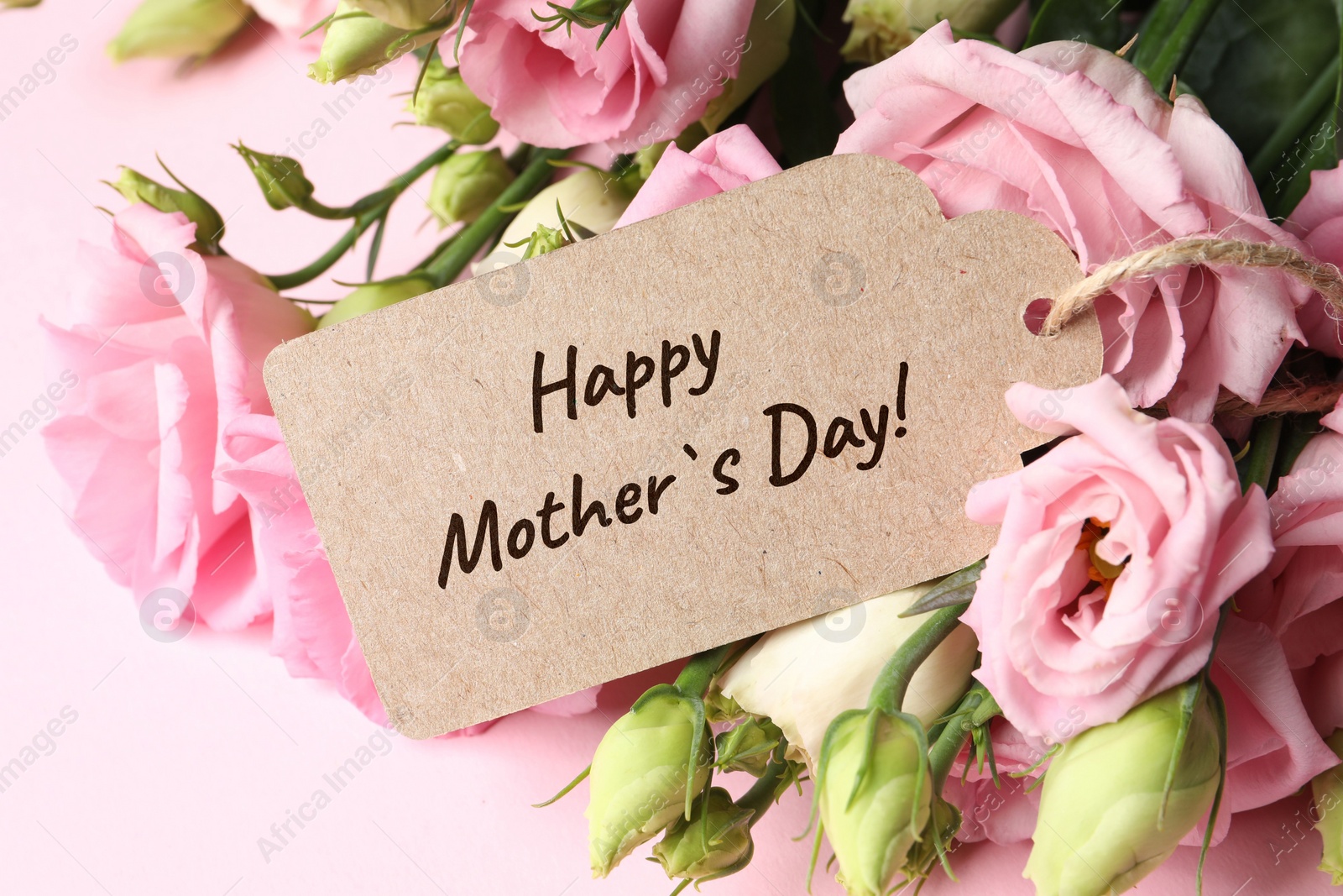 Image of Happy Mother's Day greeting label and beautiful flowers on pink background