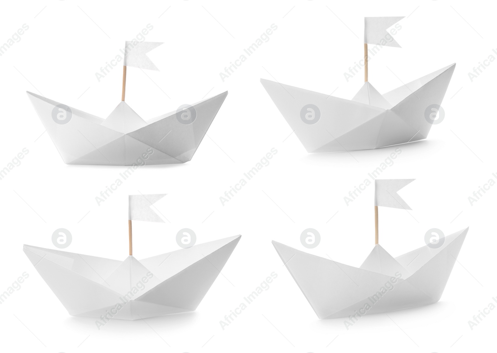 Image of Paper boats with flags on white background, collage