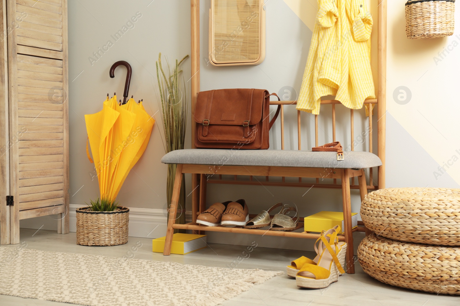 Photo of Cozy hallway interior with storage bench and stylish design elements