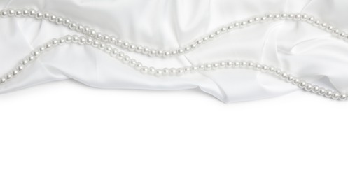Photo of Beautiful pearls and delicate silk on white background