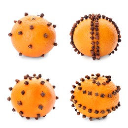 Image of Set with pomander balls made of tangerine and cloves on white background 