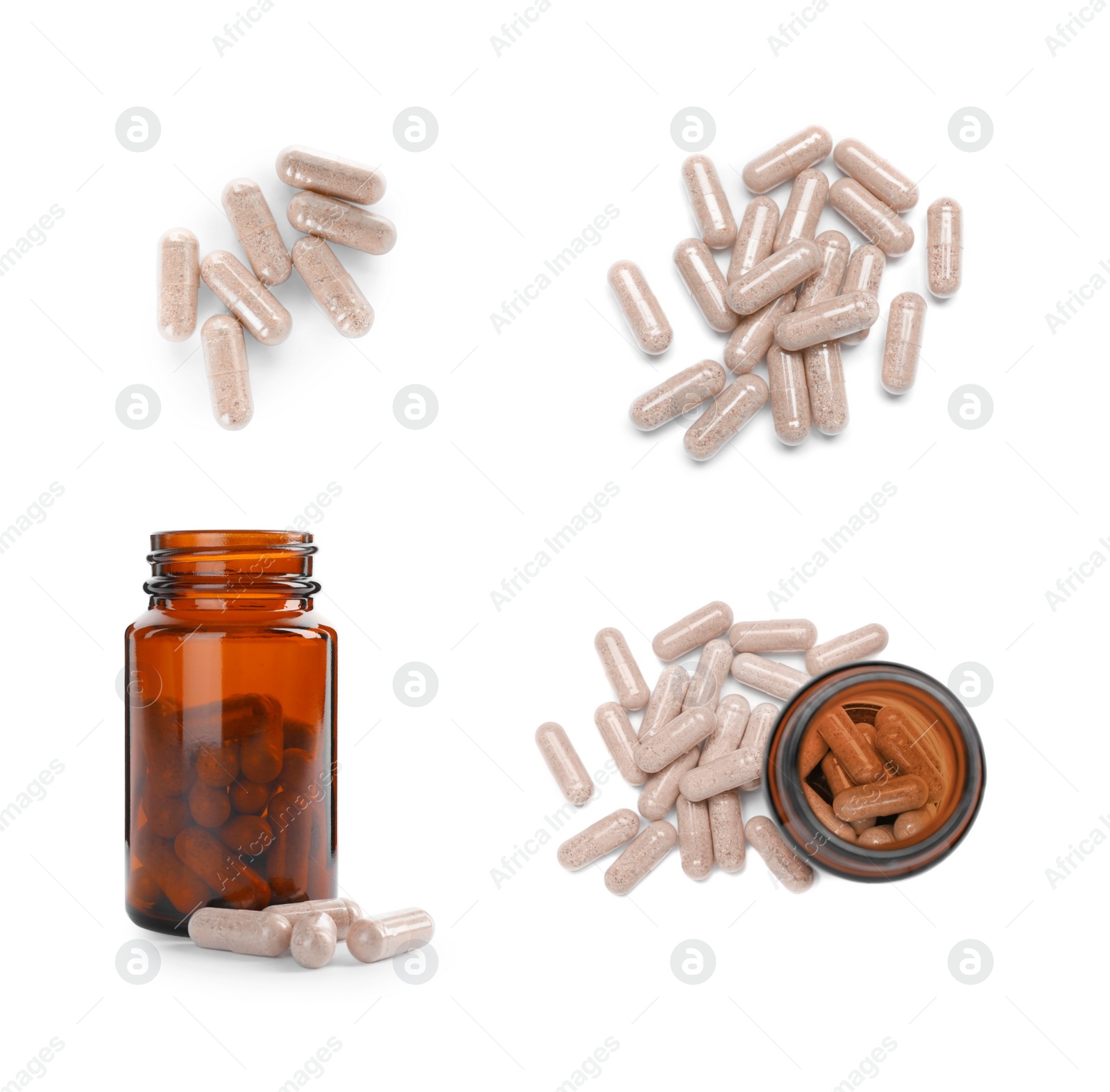 Image of Set with gelatin capsules on white background 