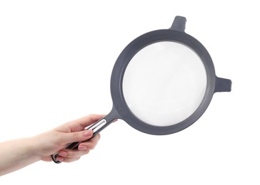 Woman with sieve on white background, closeup