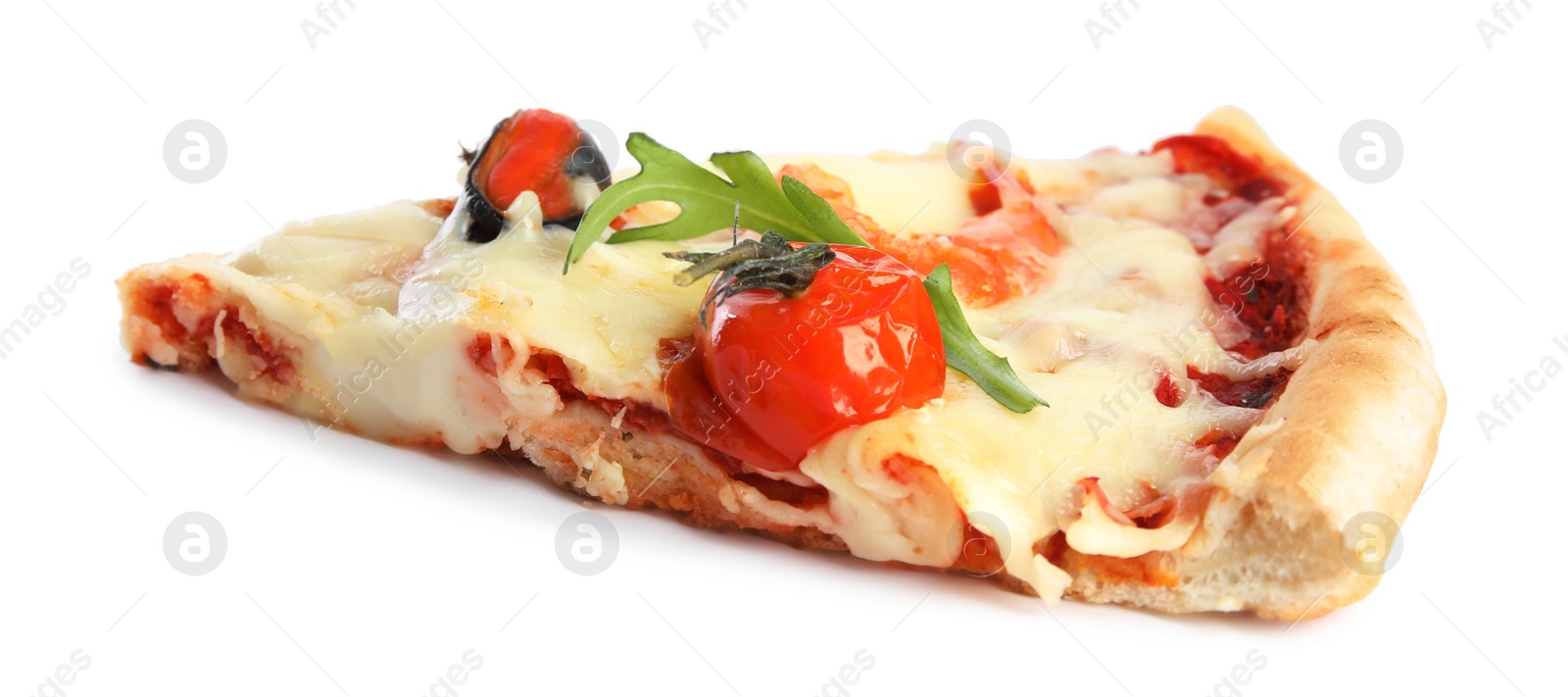 Photo of Piece of delicious seafood pizza isolated on white