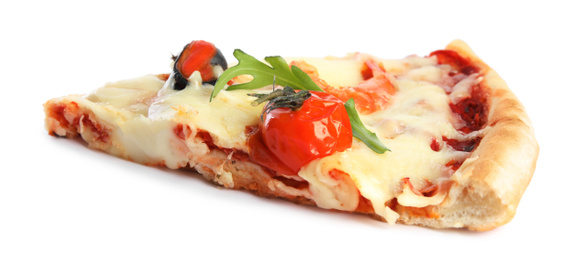 Photo of Piece of delicious seafood pizza isolated on white