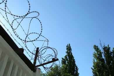 Metal barbed wire under clear blue sky outdoors