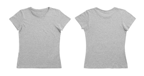 Image of Grey t-shirt with space for design isolated on white. Back and front views