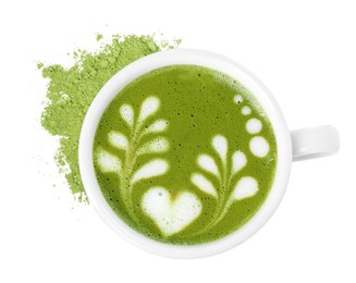 Photo of Delicious matcha latte in cup and powder on white background, top view