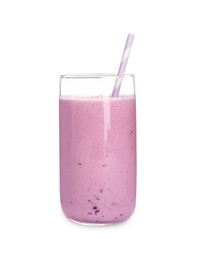 Photo of Delicious blackberry smoothie with straw in glass on white background
