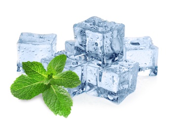 Image of Ice cubes and green mint leaves on white background