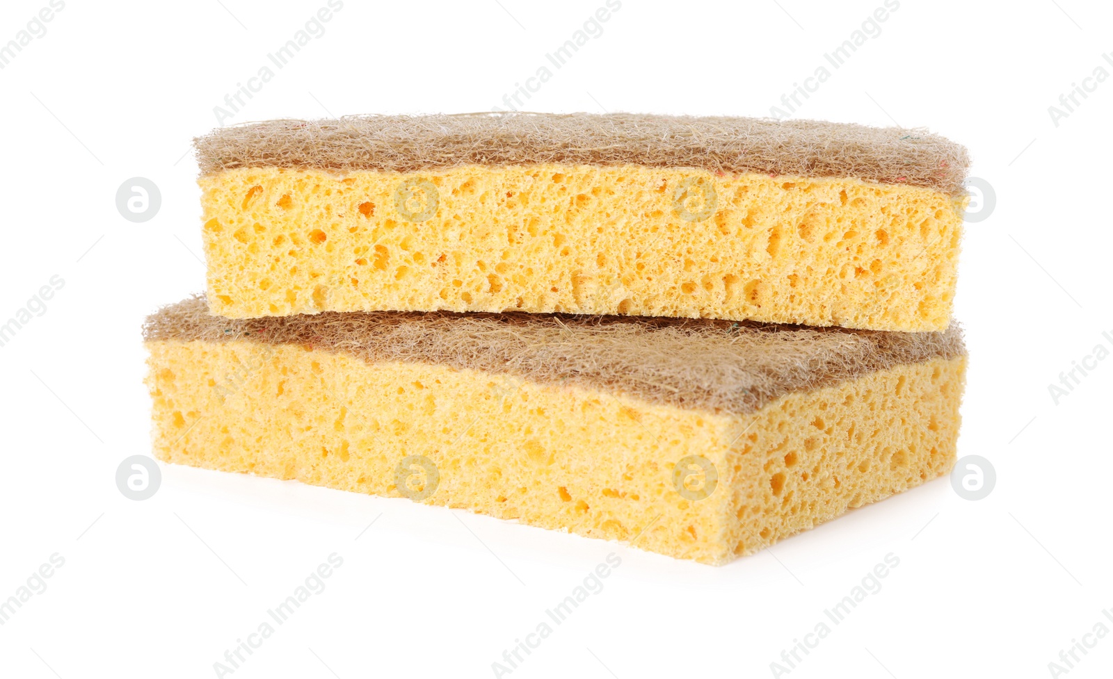 Photo of Cleaning supplies. Two sponges isolated on white