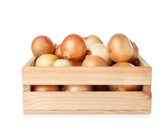 Photo of Wooden crate full of fresh onion bulbs on white background