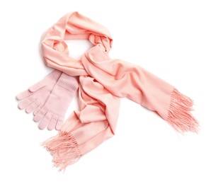 Image of Stylish scarf and gloves on white background. Winter clothing