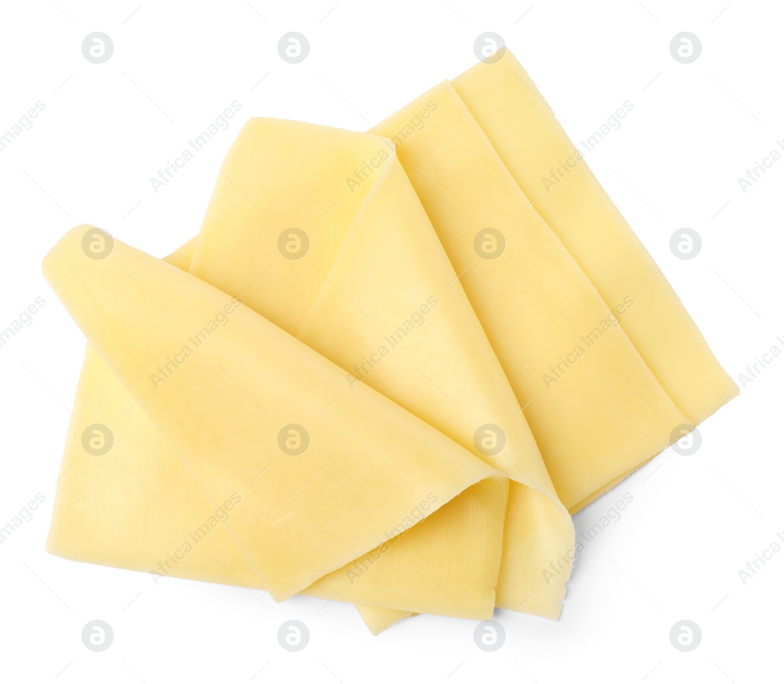 Photo of Slices of tasty fresh cheese isolated on white, top view