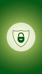 Home alarm system. Illustration of closed padlock in shield on green background