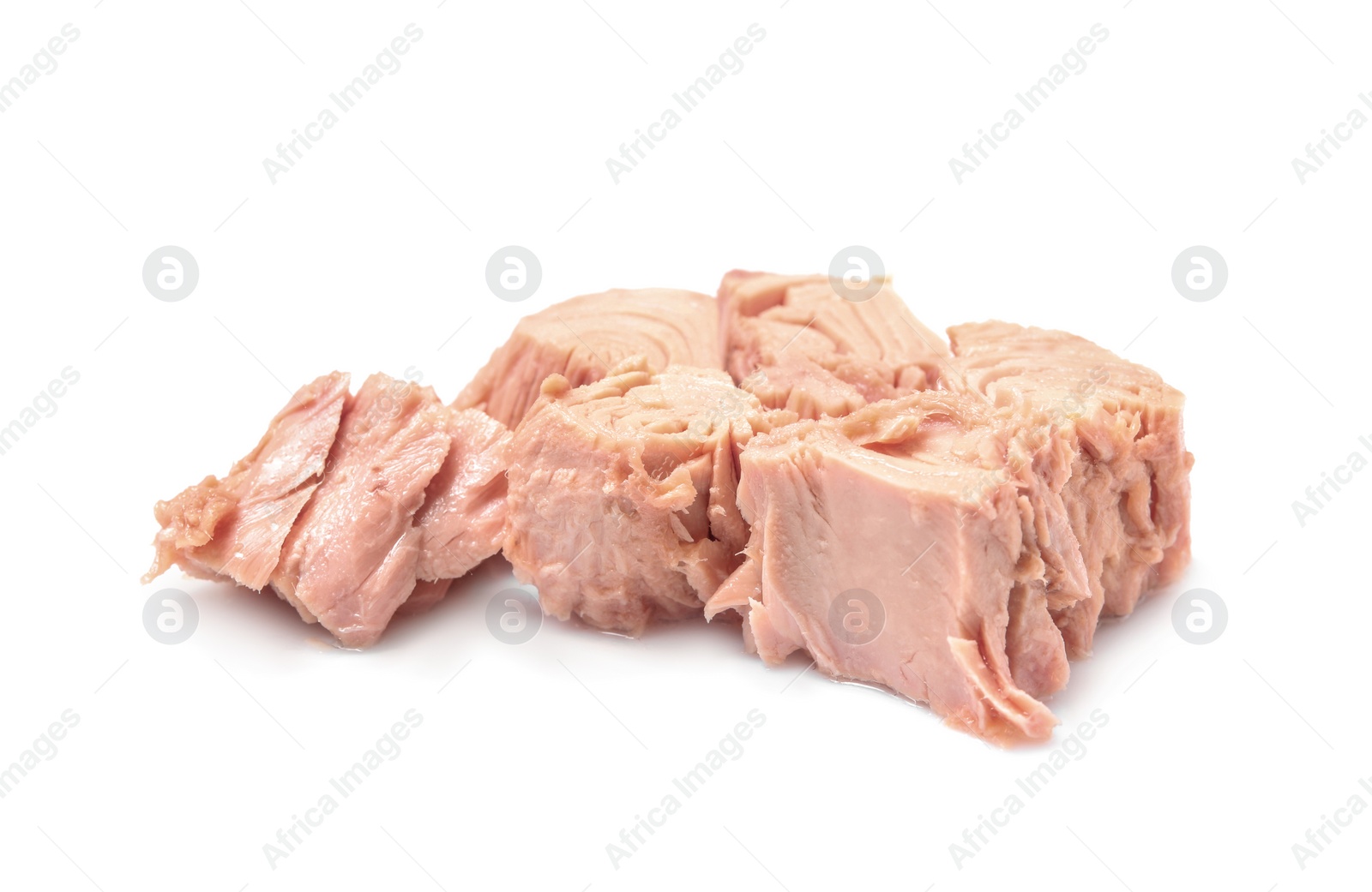 Photo of Pieces of canned tuna on white background