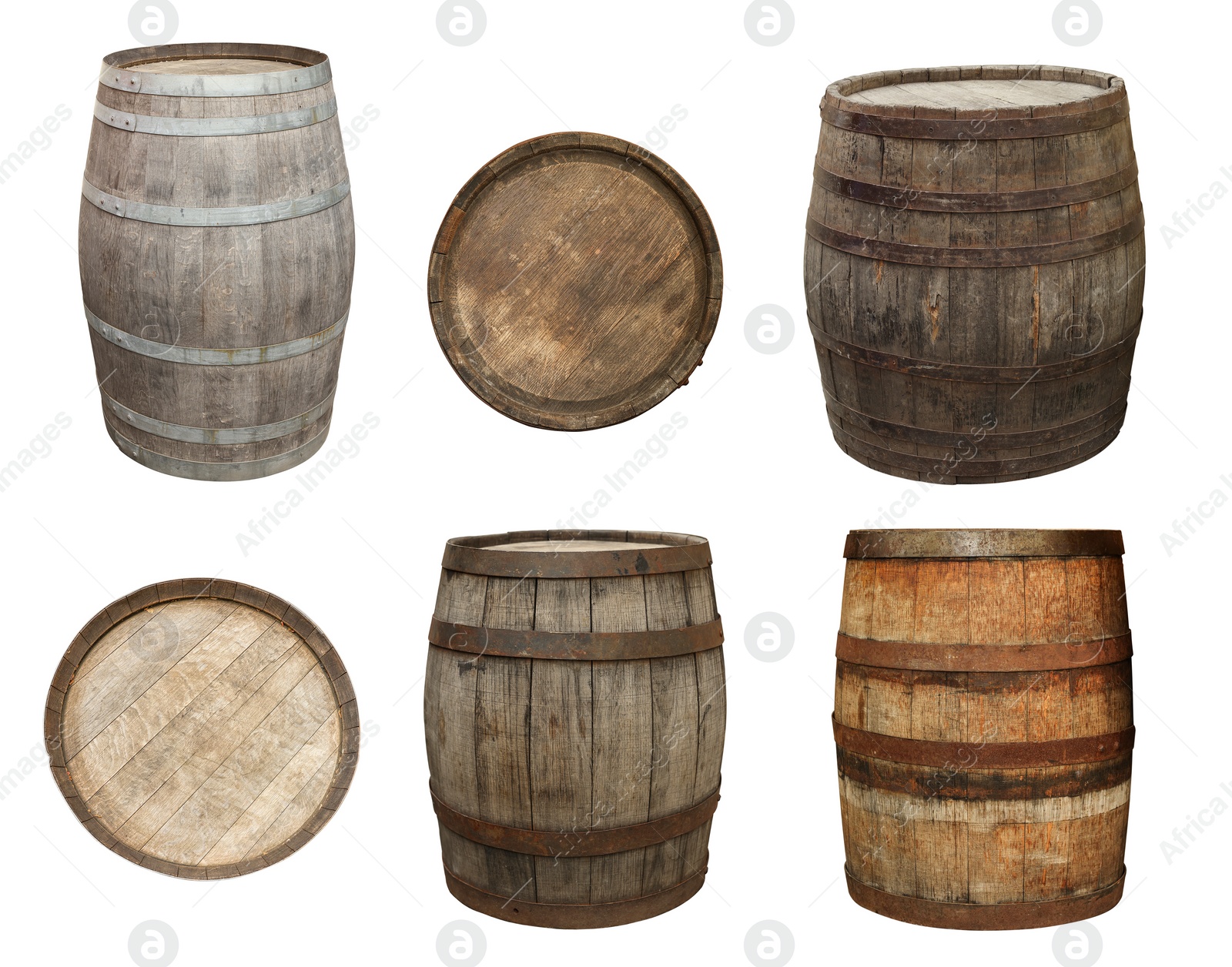 Image of Different wooden barrels isolated on white, top and side views. Collage design