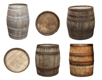 Different wooden barrels isolated on white, top and side views. Collage design