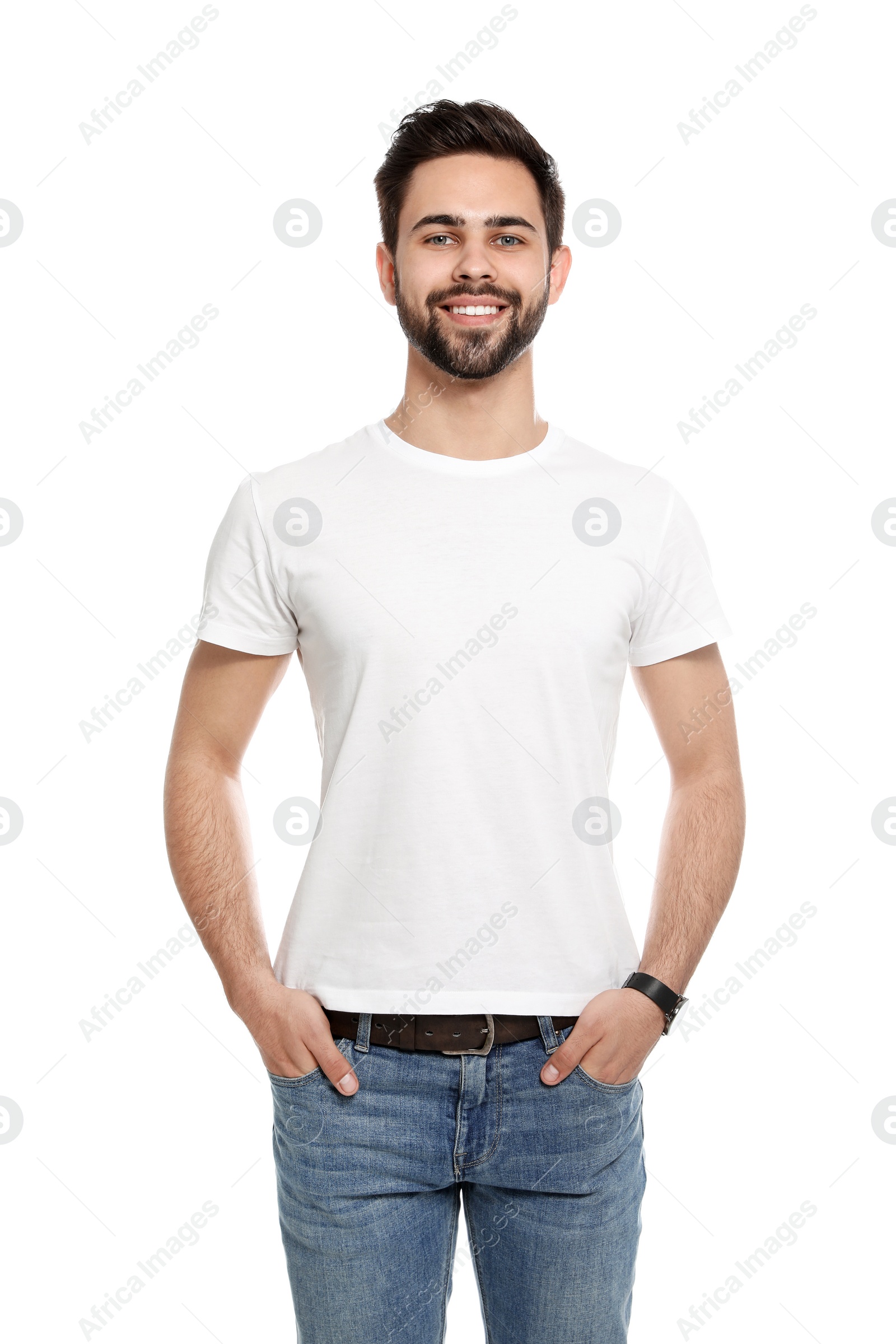 Photo of Young man in t-shirt on white background. Mock up for design