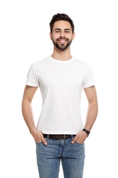 Photo of Young man in t-shirt on white background. Mock up for design