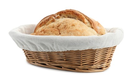 Wicker basket with fresh bread isolated on white