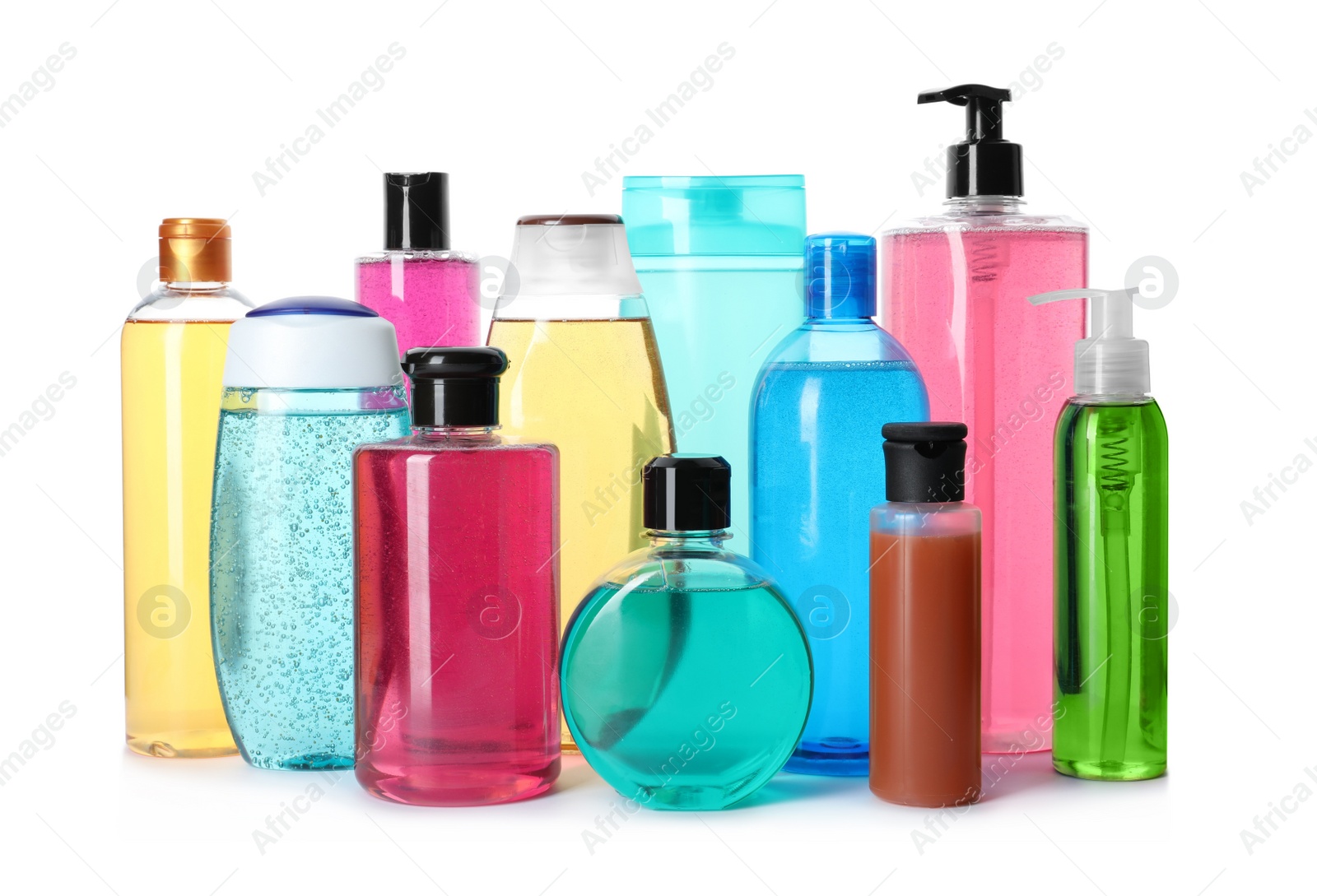 Photo of Bottles of different personal hygiene products on white background