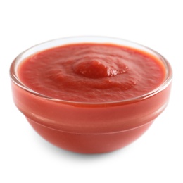 Delicious tomato sauce in bowl on white background