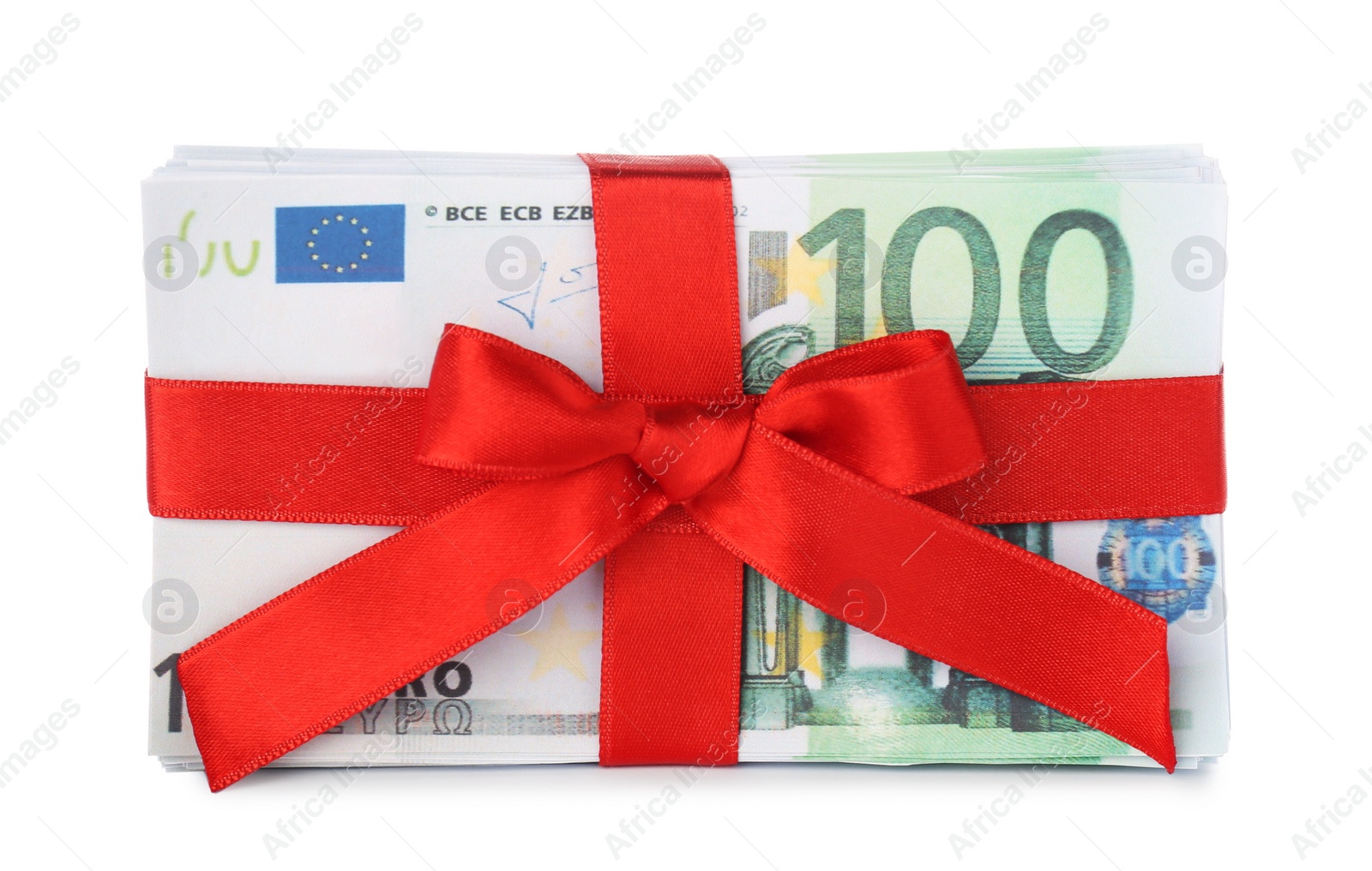 Photo of Euro banknotes tied with red ribbon isolated on white. Money and finance