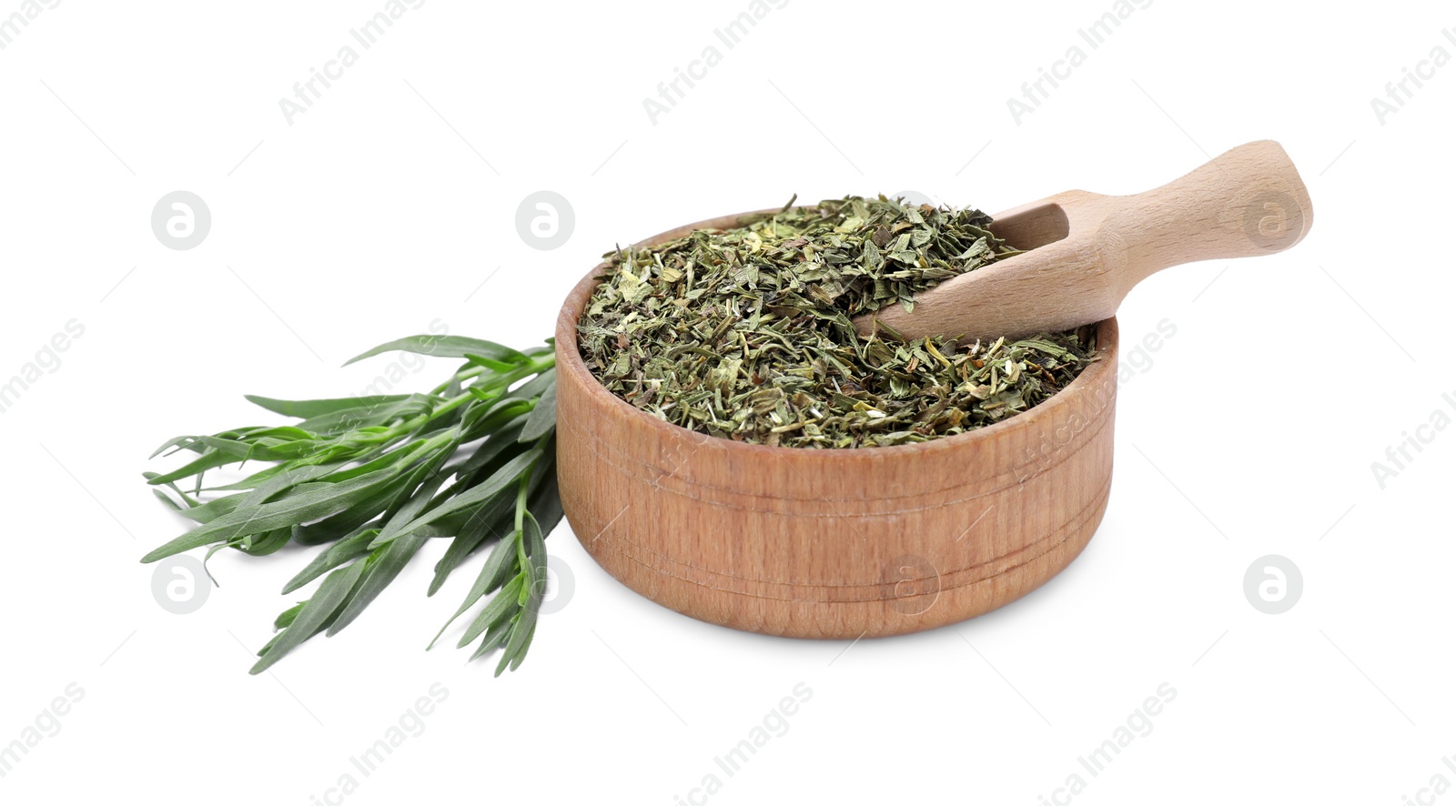Photo of Bowl of dry tarragon, scoop and fresh leaves isolated on white