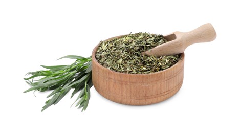 Photo of Bowl of dry tarragon, scoop and fresh leaves isolated on white