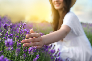 Photo of Young woman in lavender field on summer day, closeup