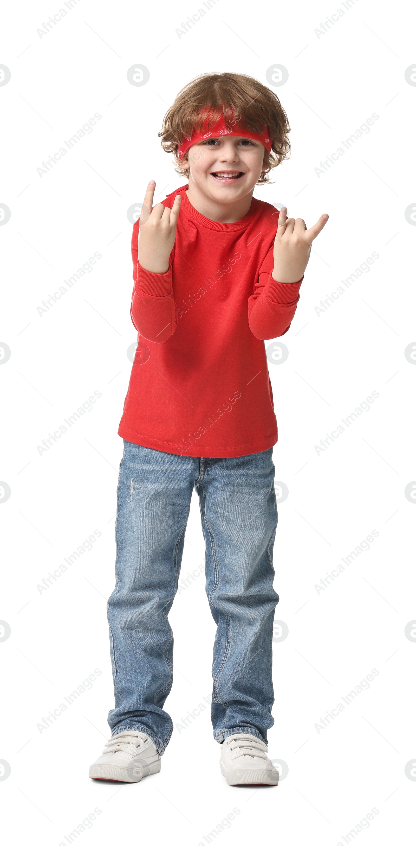 Photo of Happy little boy dancing on white background