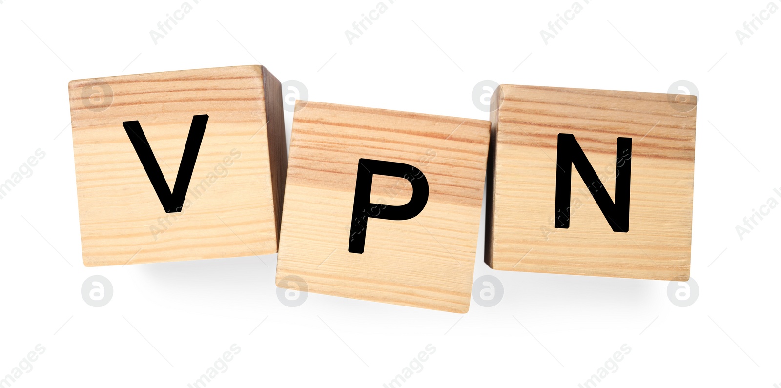 Photo of Cubes with acronym VPN on white background, top view