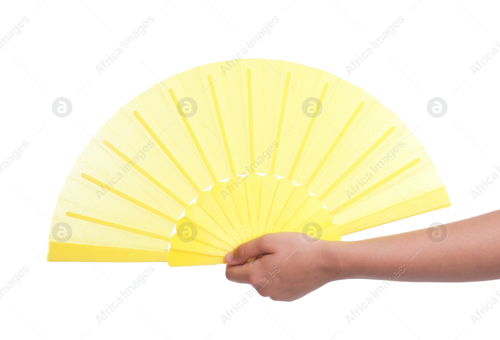 Photo of Woman holding yellow hand fan on white background, closeup