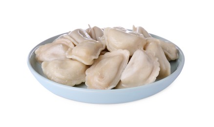 Photo of Plate with tasty dumplings (varenyky) on white background