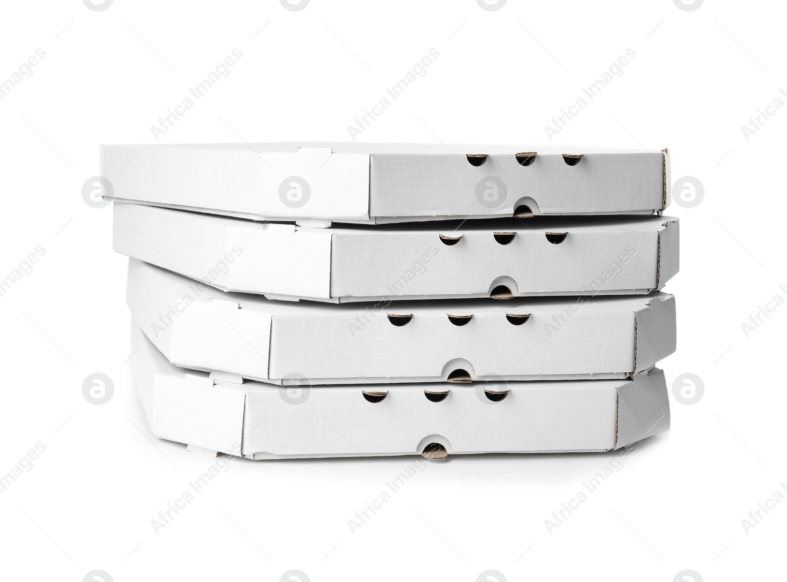 Photo of Pizza boxes isolated on white. Food delivery