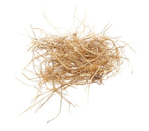 Heap of dried hay on white background, top view