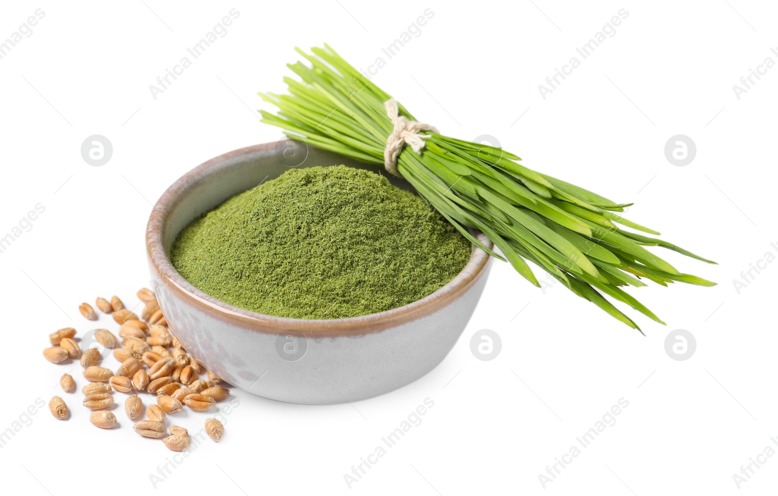 Photo of Wheat grass powder in bowl, seeds and fresh sprouts isolated on white