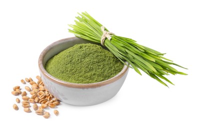 Wheat grass powder in bowl, seeds and fresh sprouts isolated on white