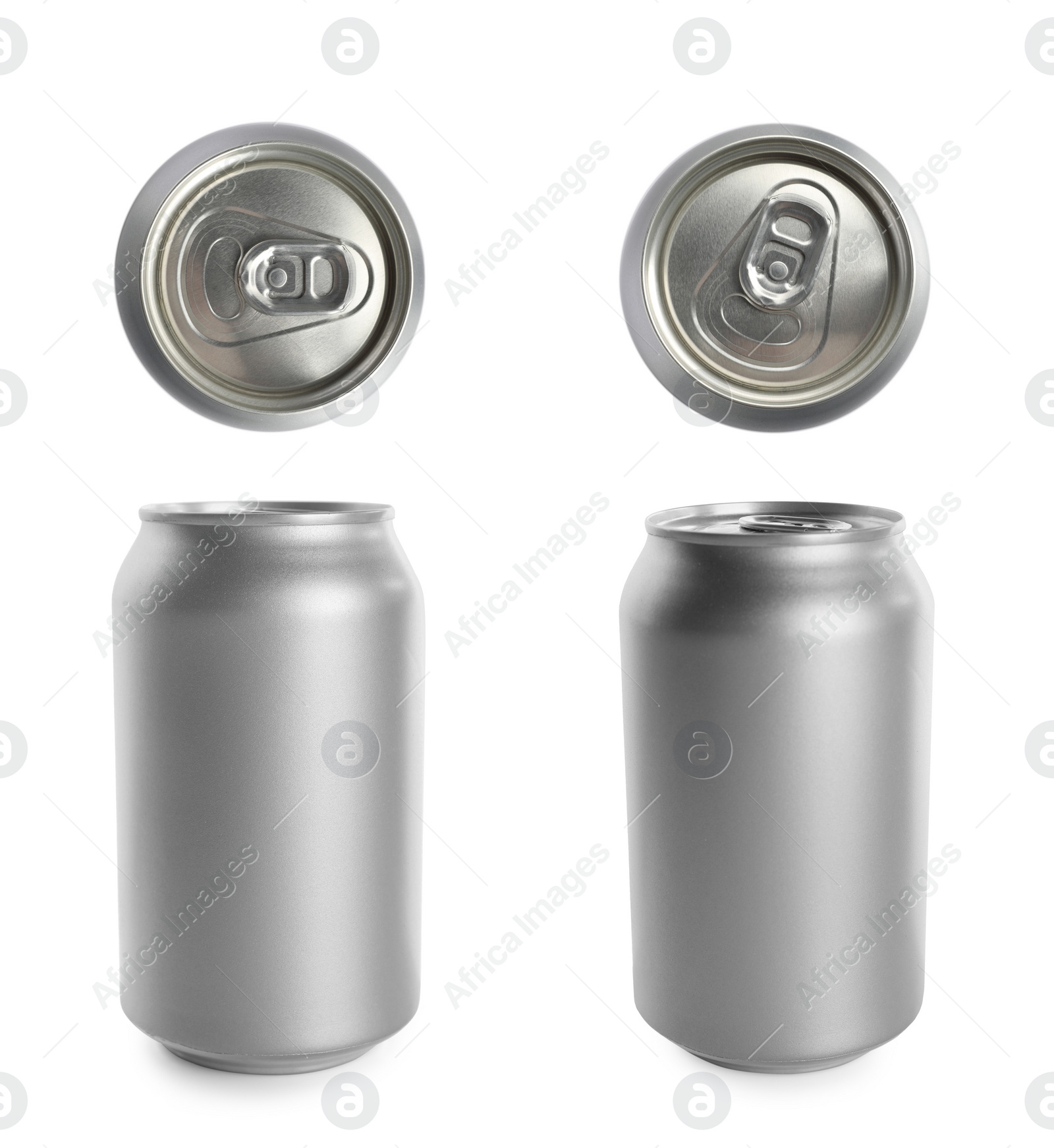 Image of Set with aluminum beverage cans on white background