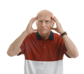 Photo of Elderly man suffering from headache on white background