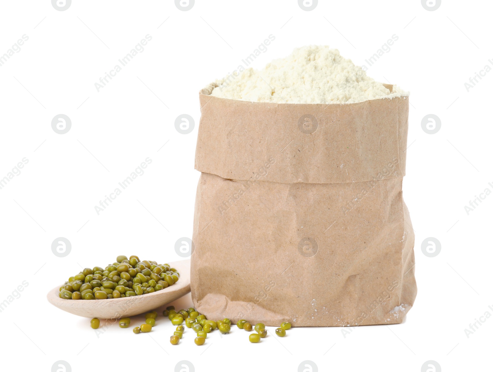 Photo of Mung bean flour in paper bag and wooden spoon with seeds isolated on white