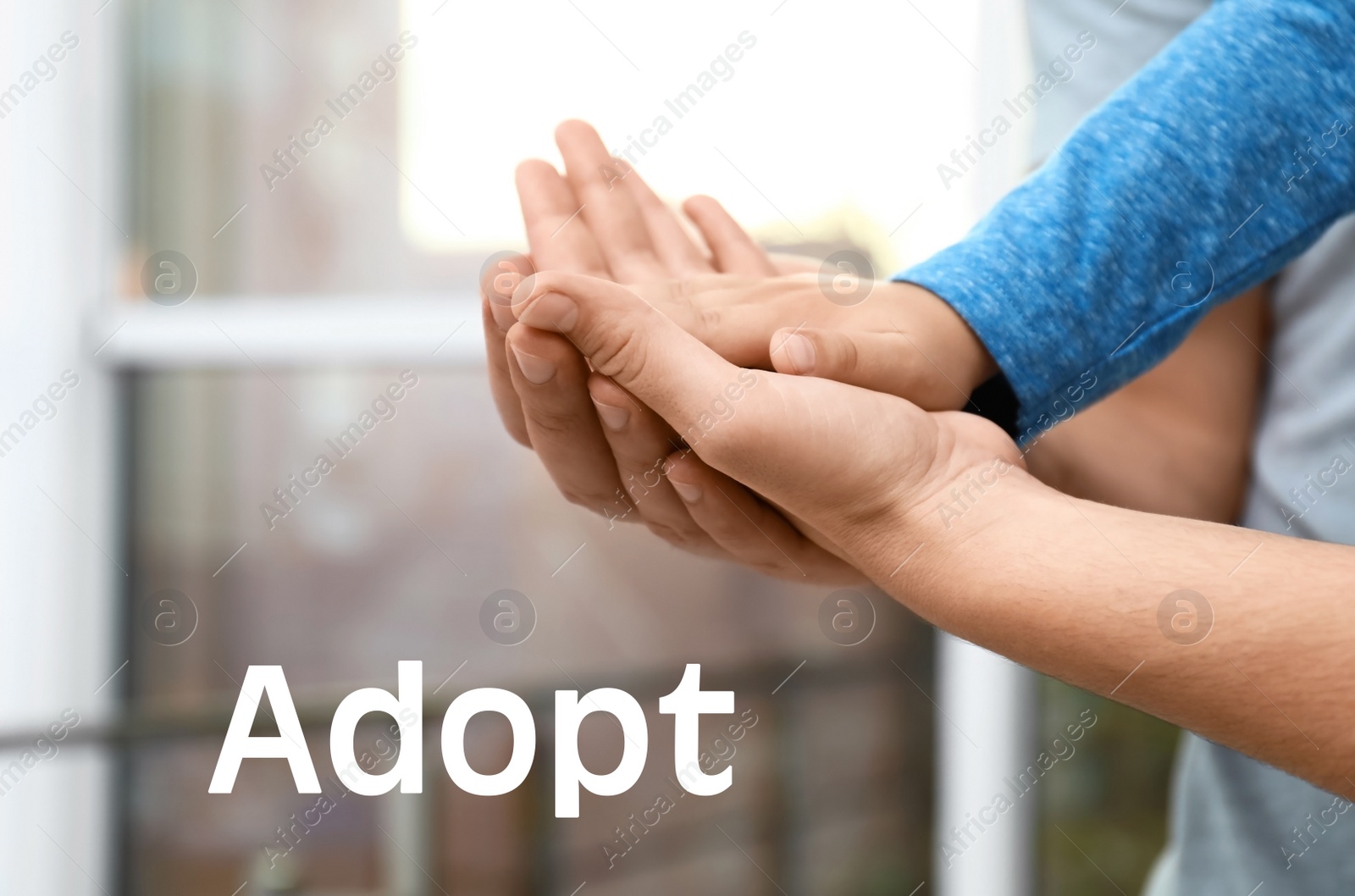 Image of Happy family holding hands indoors, closeup view. Child adoption concept