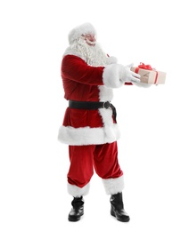Photo of Authentic Santa Claus with gift box on white background