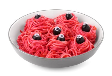 Red pasta with decorative eyes and olives in bowl isolated on white. Halloween food