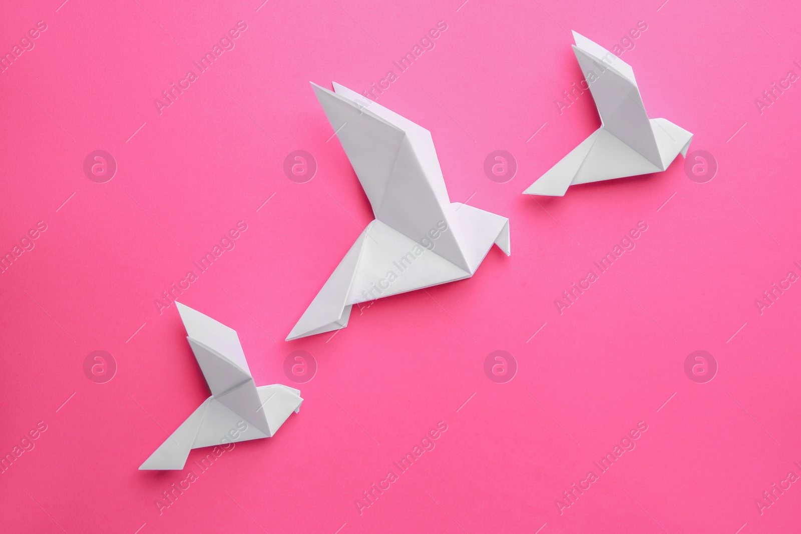 Photo of Beautiful white origami birds on pink background, flat lay