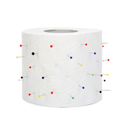 Photo of Roll of toilet paper with straight pins isolated on white. Hemorrhoid problems