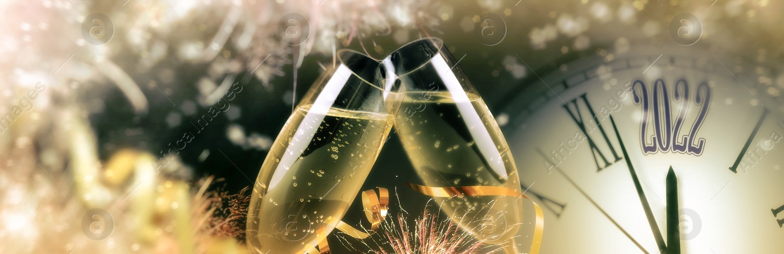 Image of Glasses of sparkling wine, clock, shiny streamers and firework on color background, banner design. Countdown to New Year 2022