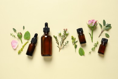 Photo of Bottles of essential oils, different herbs, rose flower and bud on beige background, flat lay